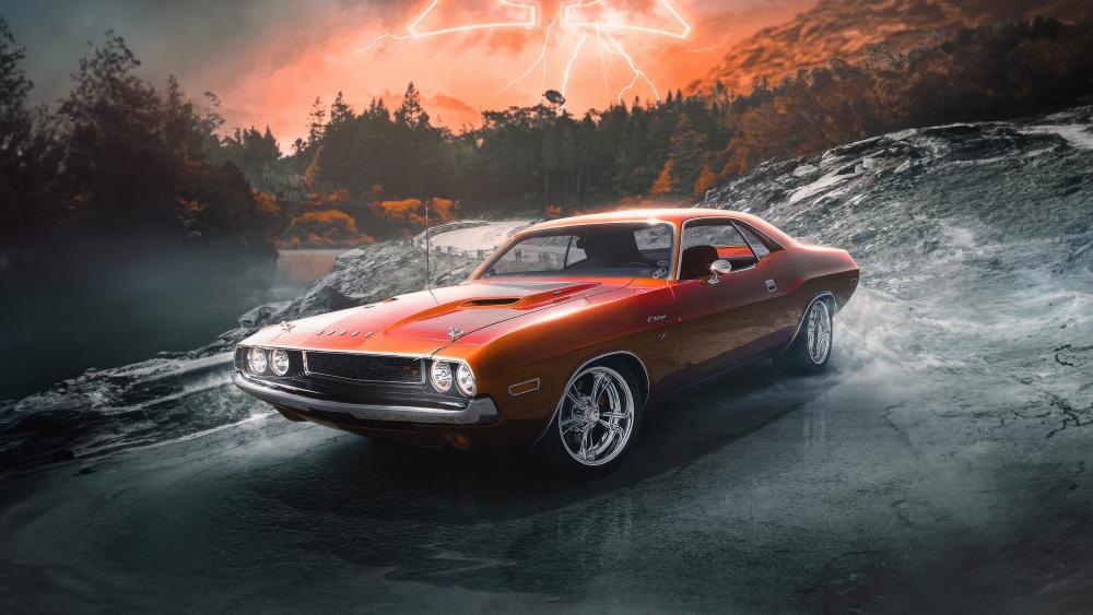 Muscle Car Fury Amidst Stormy Backdrop wallpaper