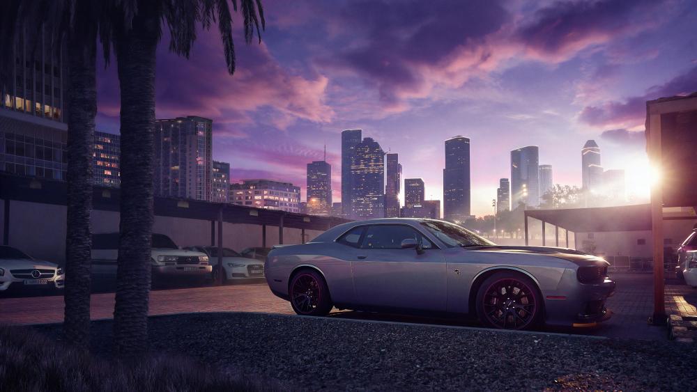 Sunset Cityscape with Sleek Sports Car wallpaper