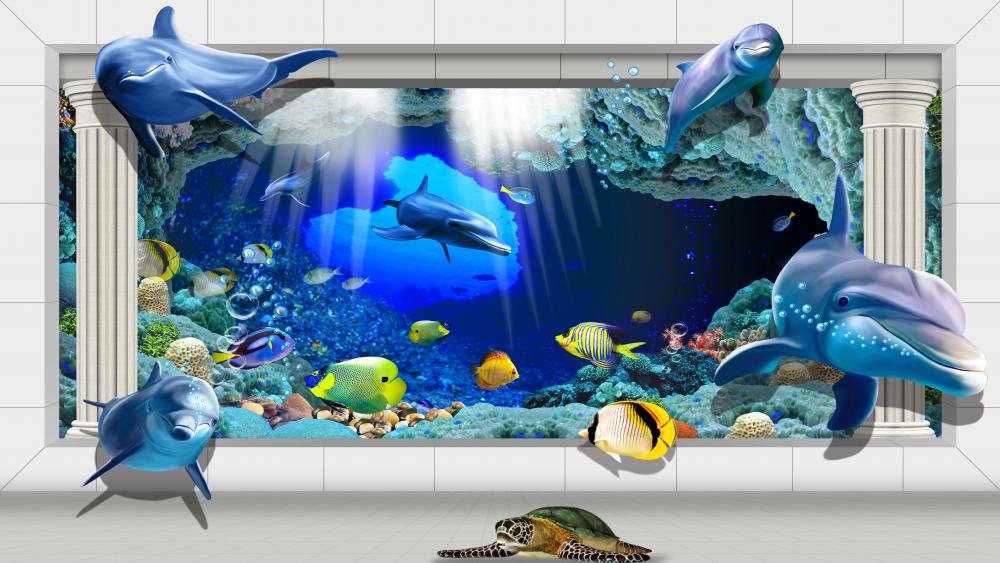 Dolphins Dive into Digital Dimension wallpaper