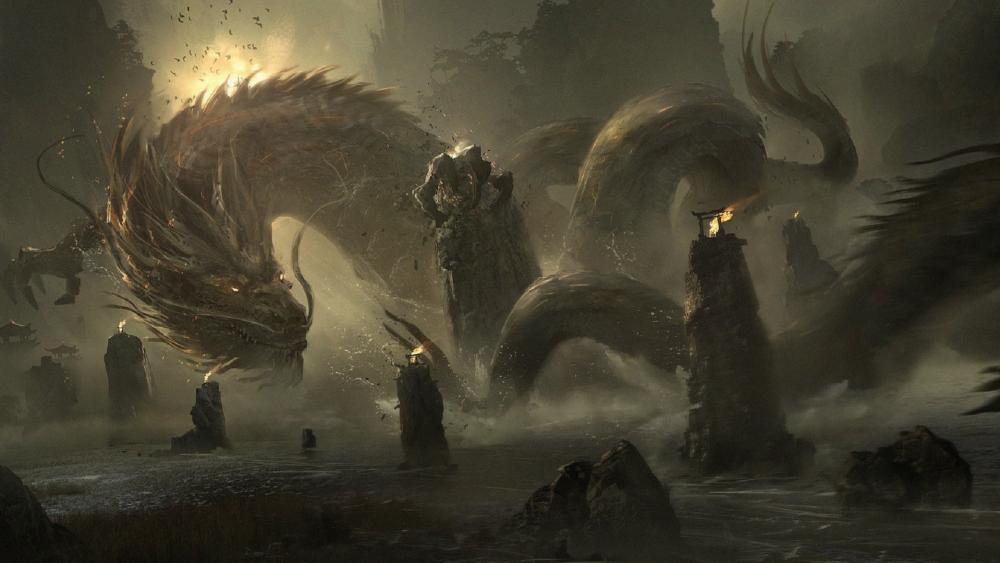 Epic Dragon Battle in Mystical Lands wallpaper