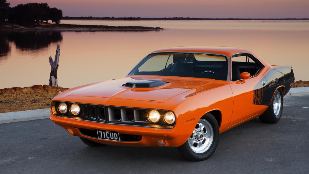 Classic Orange Muscle Car by the Lake wallpaper