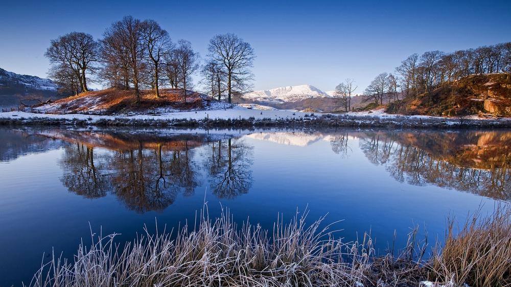 Tranquil River Brathay view to Langdale Pikes and Mirroring Winter Beauty wallpaper