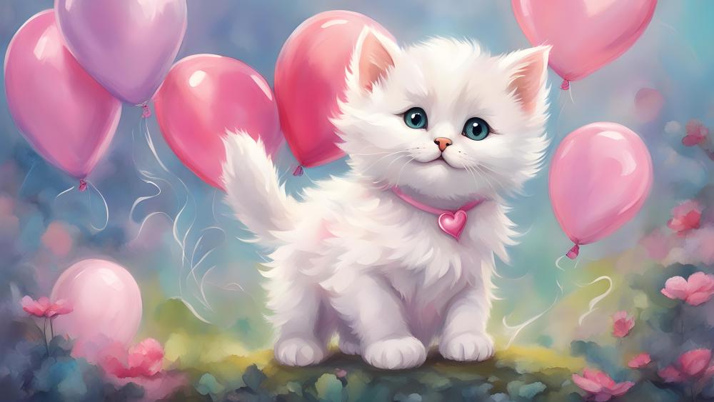 Whimsical Kitten Amidst Balloons and Blossoms wallpaper