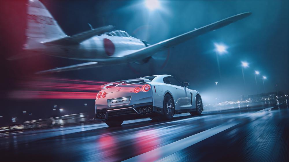 High-Speed Thrill Chase with Sports Car and Aircraft wallpaper