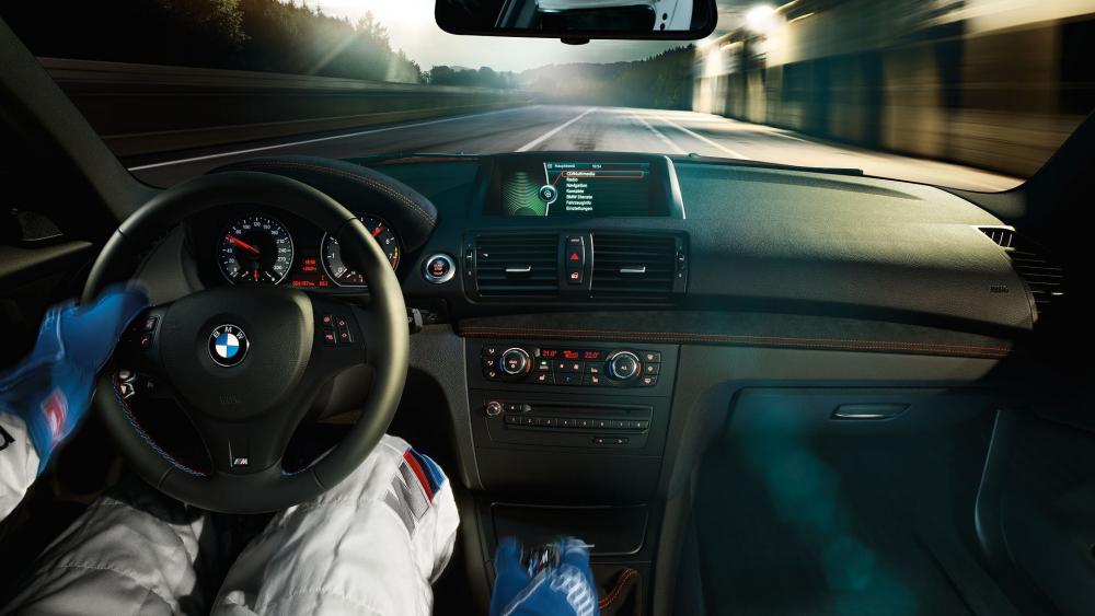 Speeding BMW Interior View at Dusk wallpaper