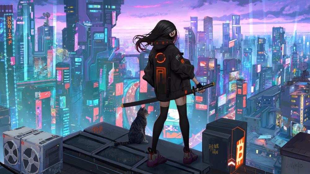 Futuristic Skyline with a Cyberpunk Anime Girl Sentinel wallpaper