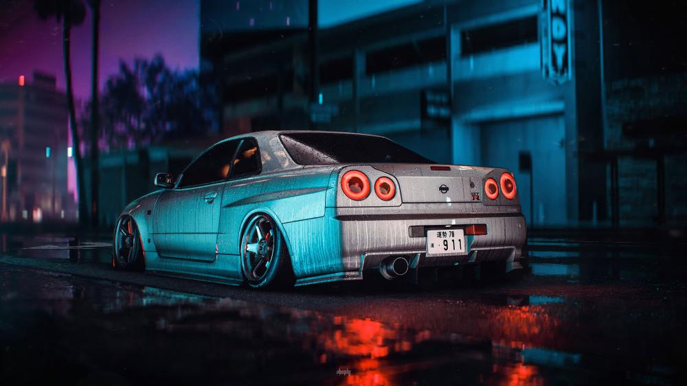 Nissan Skyline GT-R on a Rainy Night wallpaper