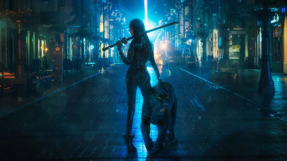 Futuristic Warrior in Neon-Lit Rain wallpaper