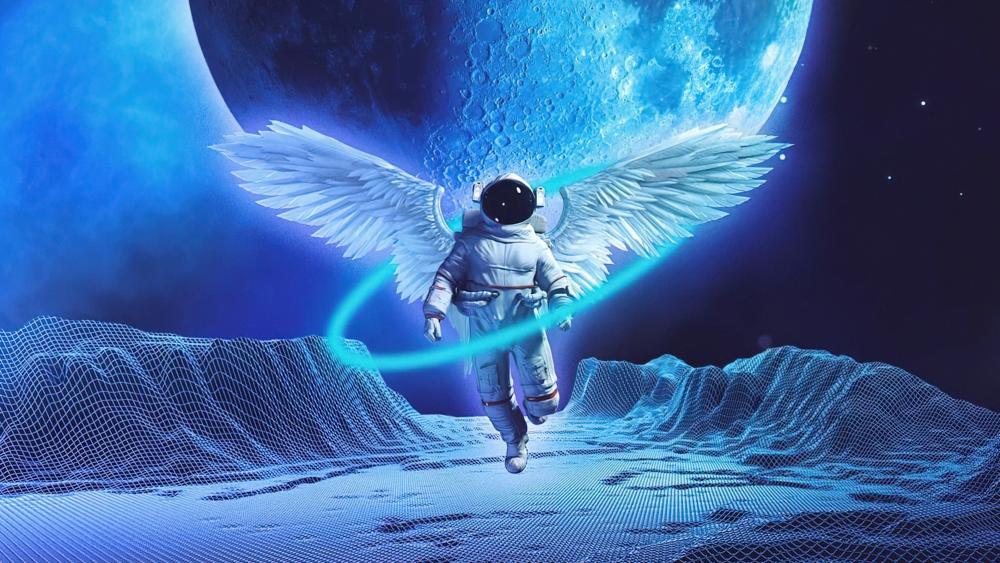 Astronaut with Wings Adrift in Cosmic Dreamscape wallpaper