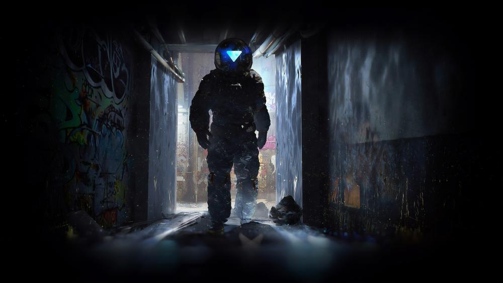 Futuristic Warrior in Graffiti Laden Corridor wallpaper