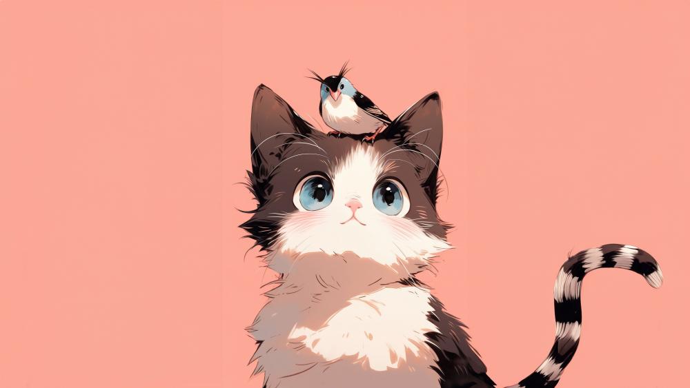 Adorable Kitten with Feathered Friend wallpaper