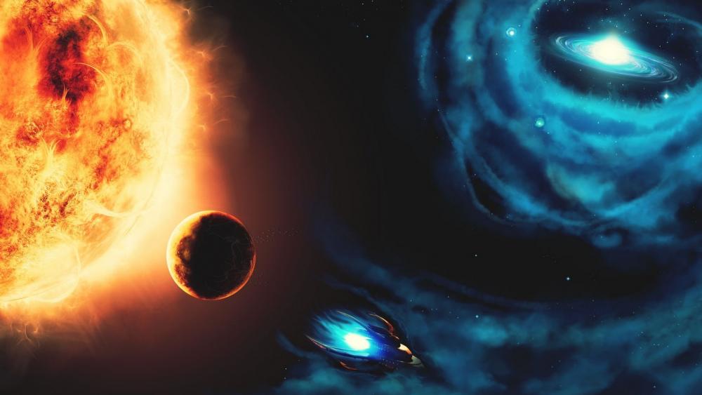 Fiery Sun, Swirling Galaxy, and Distant Planet wallpaper