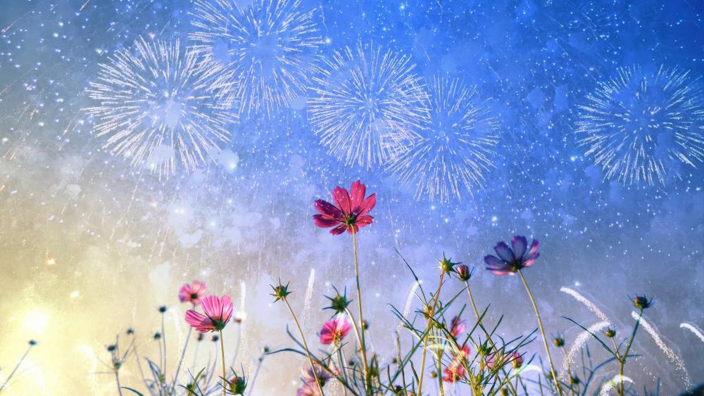Ethereal Fireworks Bloom in Midnight Sky wallpaper