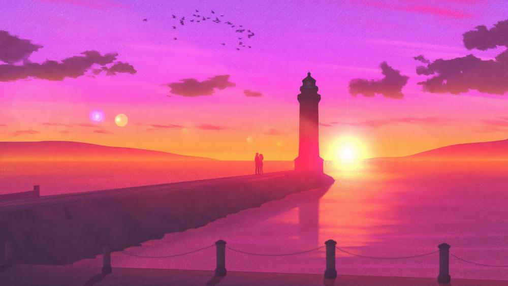 Sunset Serenade at the Lighthouse Pier wallpaper