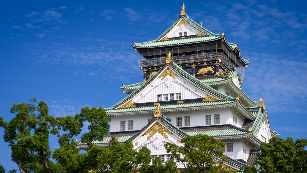 Majestic Osaka Castle Against Blue Sky wallpaper