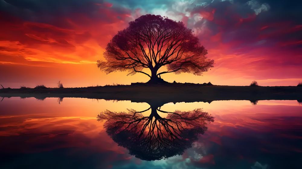 Fiery Sunset Silhouette Reflection wallpaper