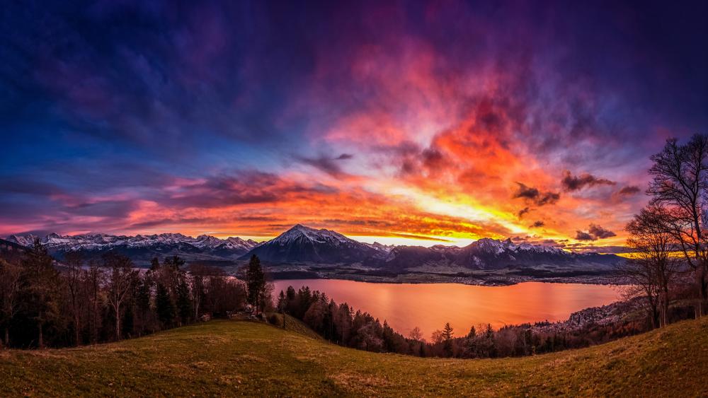 Majestic Sunset Over Mountainous Lake Landscape wallpaper