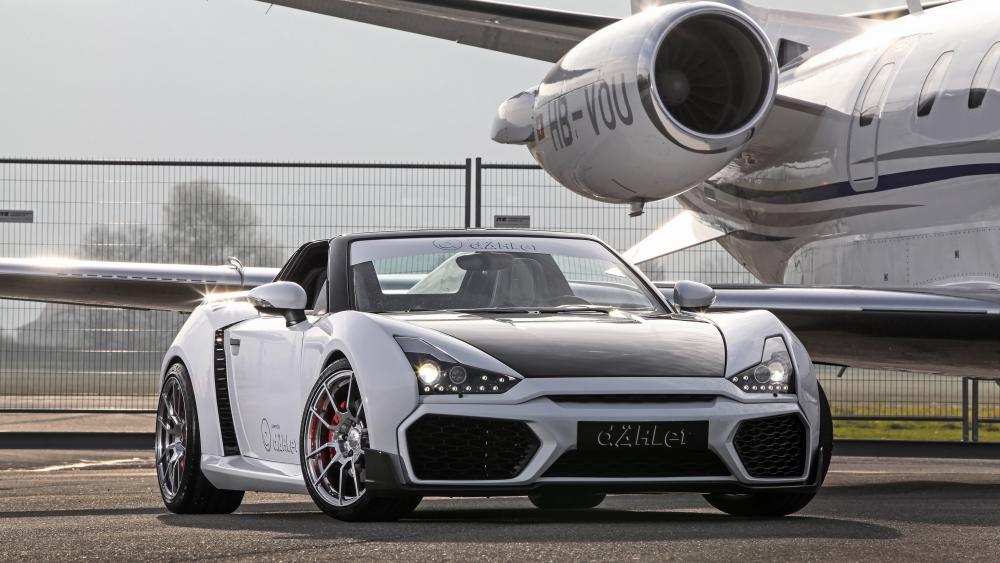 Luxury Sports Car and Private Jet on Runway wallpaper