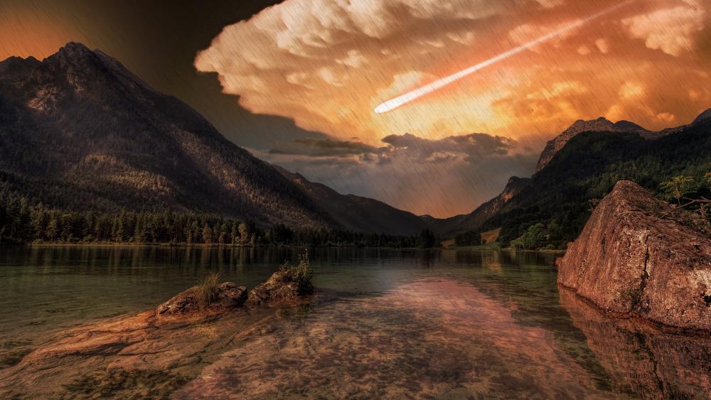 Majestic Meteor Twilight Over Tranquil Lake wallpaper