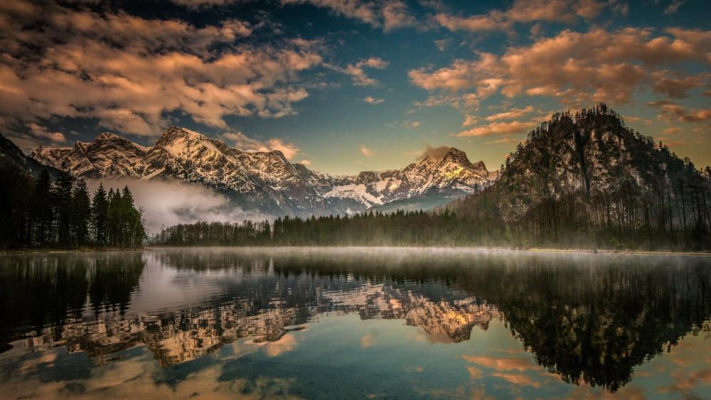 Misty Mountain Reflection at Dawn wallpaper