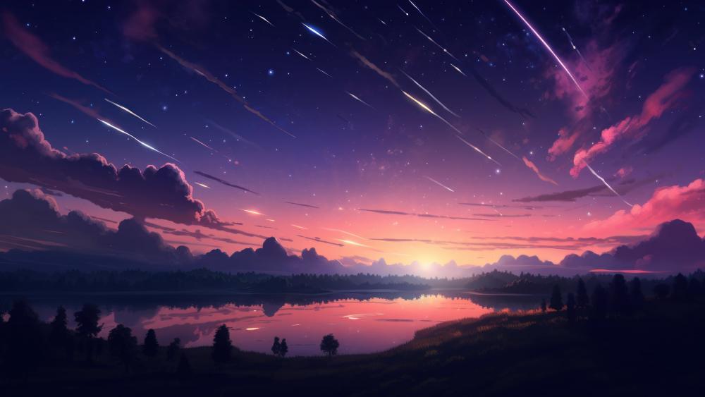Starry Sky Over Twilight Lake wallpaper