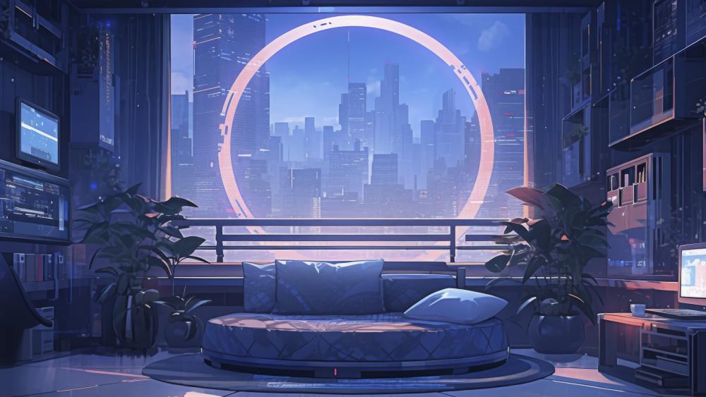 Futuristic Anime Apartment Overlooking Cityscape wallpaper