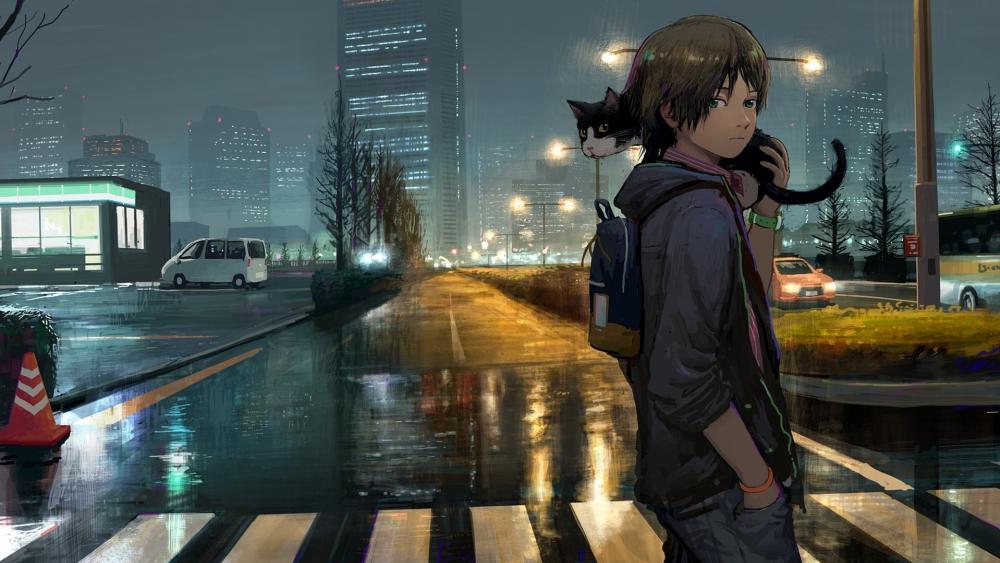 Rainy City Stroll with Feline Companion wallpaper