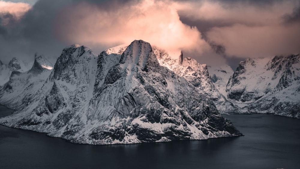 Majestic Reinefjorden in Winter Twilight wallpaper