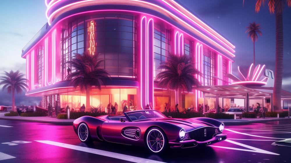 Neon Nightscape with Vintage Pink Car wallpaper