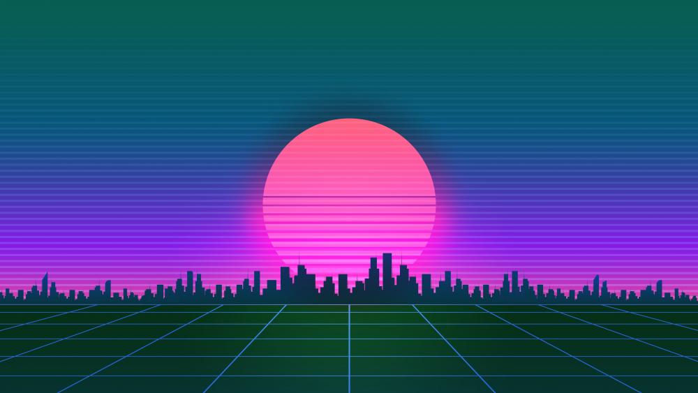 Synthwave Sunset Over Digital Cityscape wallpaper