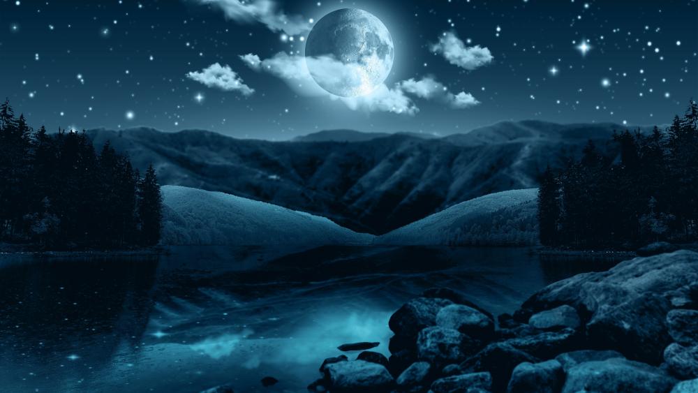 Mystical Moonlit Mountain Vista wallpaper