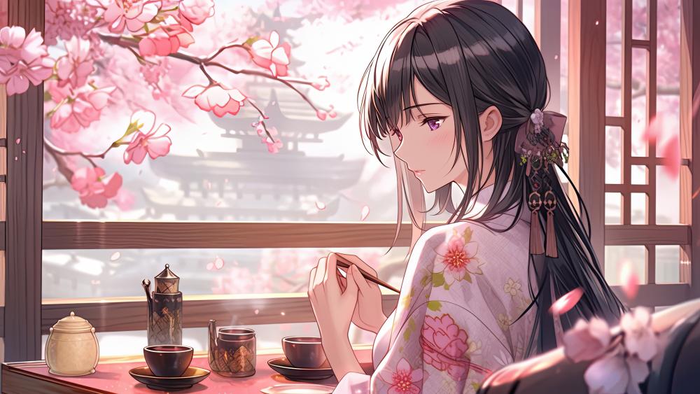 Sakura Serenity with Traditional Japanese Anime Girl wallpaper
