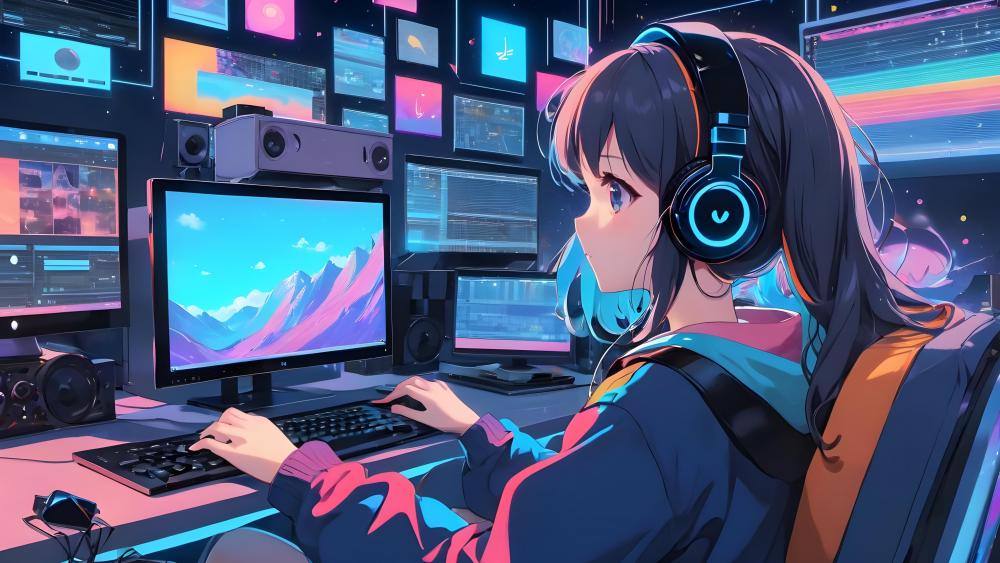 Gamer Girl in Neon Tech Paradise wallpaper