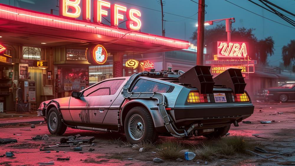 Time-Travelling DeLorean Parked at Diner wallpaper