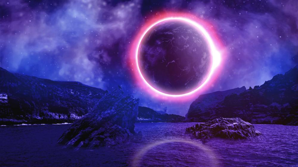 Neon Halo Eclipse Over Alien Landscape wallpaper