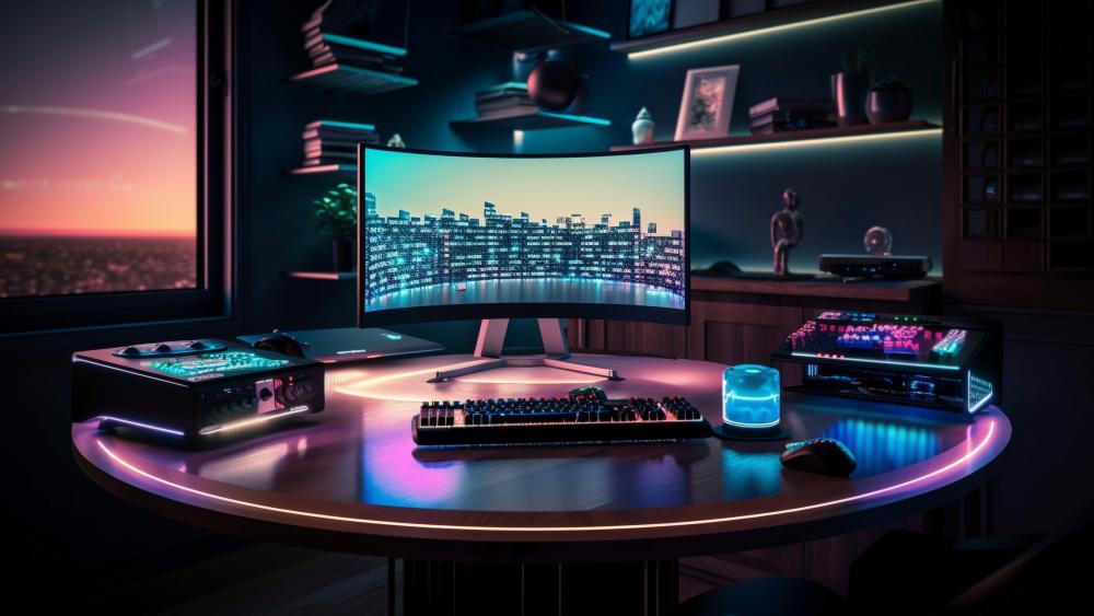 Futuristic Office Ambience with Neon Glow wallpaper