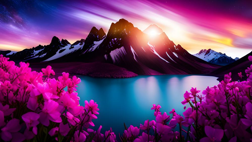Surreal Pink Twilight Over Serene Mountain Lake wallpaper