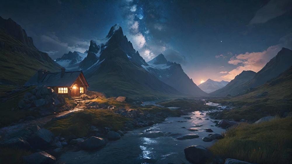 Mountain Refuge Under Starry Night Sky wallpaper