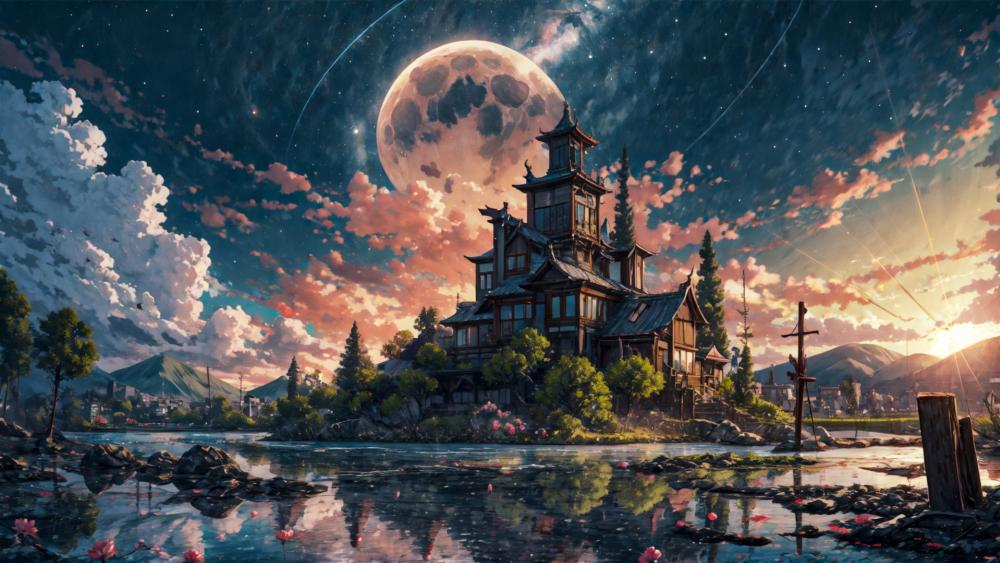 Moonlit Fantasy Castle by the Lake wallpaper
