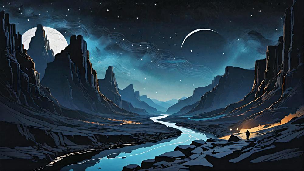 Mystical River Valley Under Moonlight wallpaper