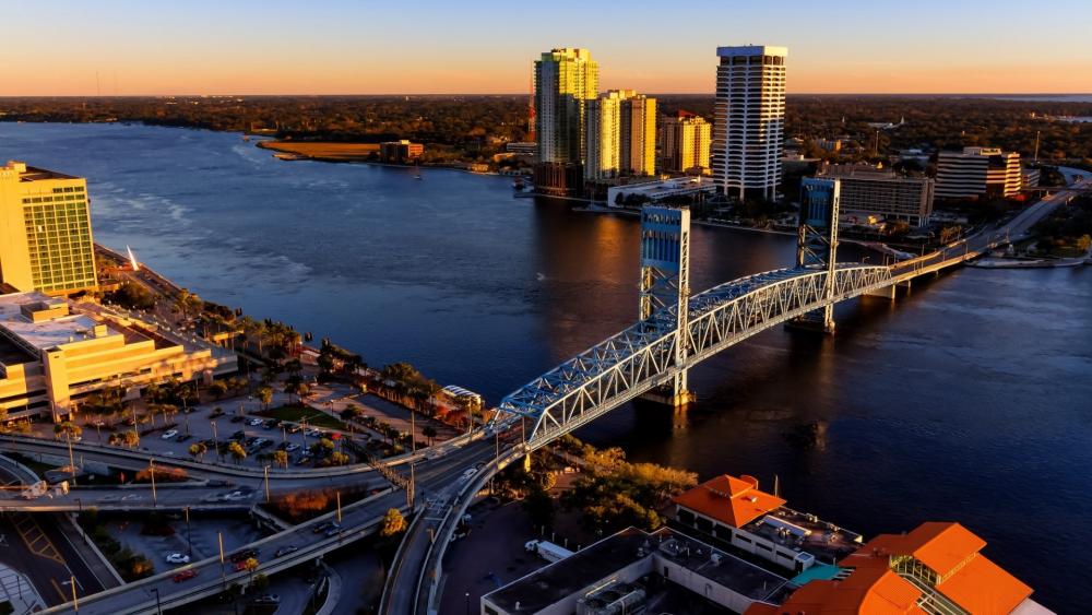 Golden Hour Over The Urban Riverside wallpaper