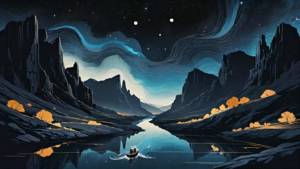 Mystical River Journey Through Starlit Canyons wallpaper
