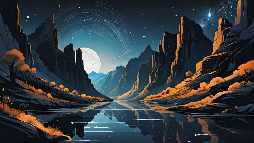 Starry Night over Tranquil Canyon wallpaper