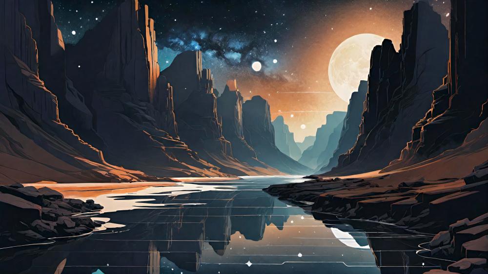 Moonlit Canyon River Reflection wallpaper