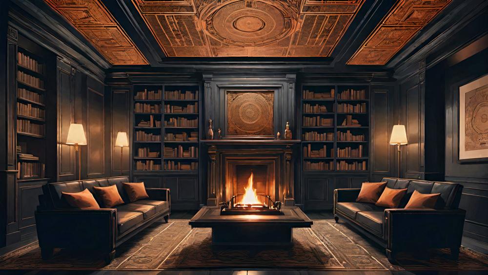 Elegant Library Lounge with Warm Fireplace wallpaper