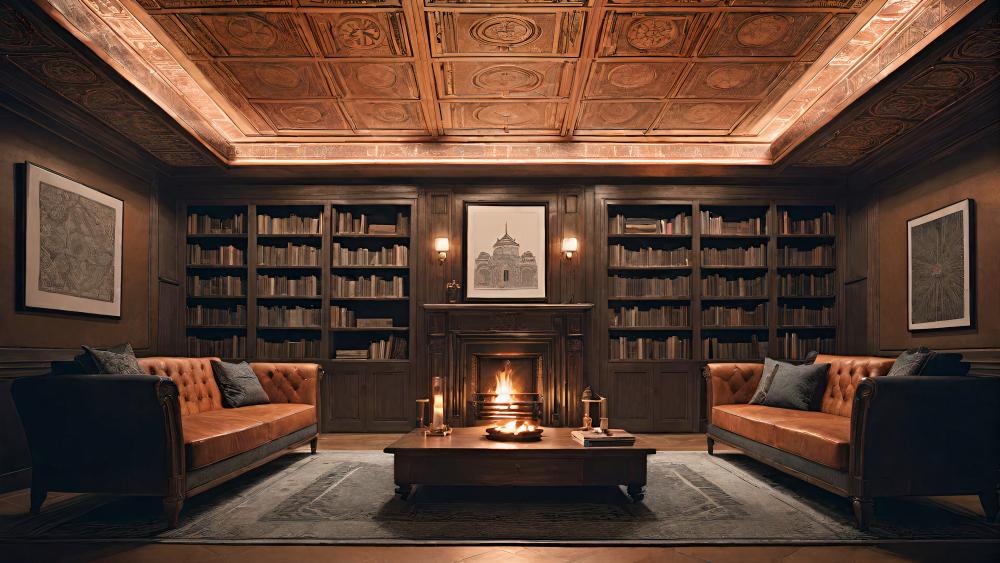 Elegant Library Ambiance with Warm Fireplace Glow wallpaper