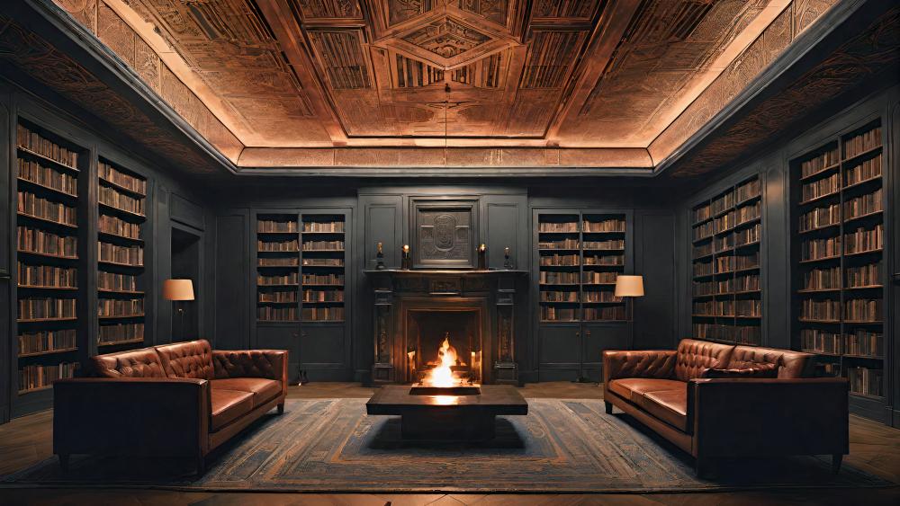 Cozy Library Retreat with Warm Fireplace wallpaper