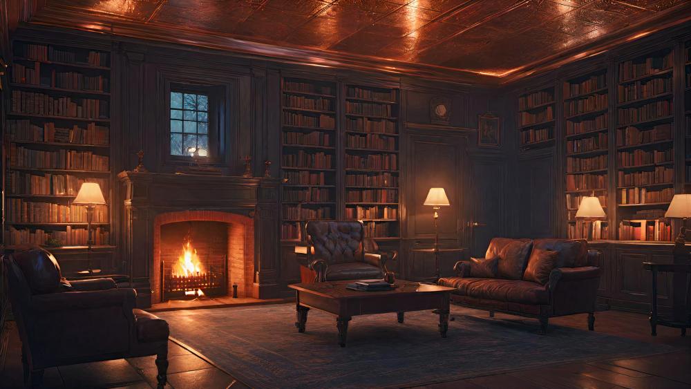 Elegant Library Lounge with Warm Fireplace wallpaper