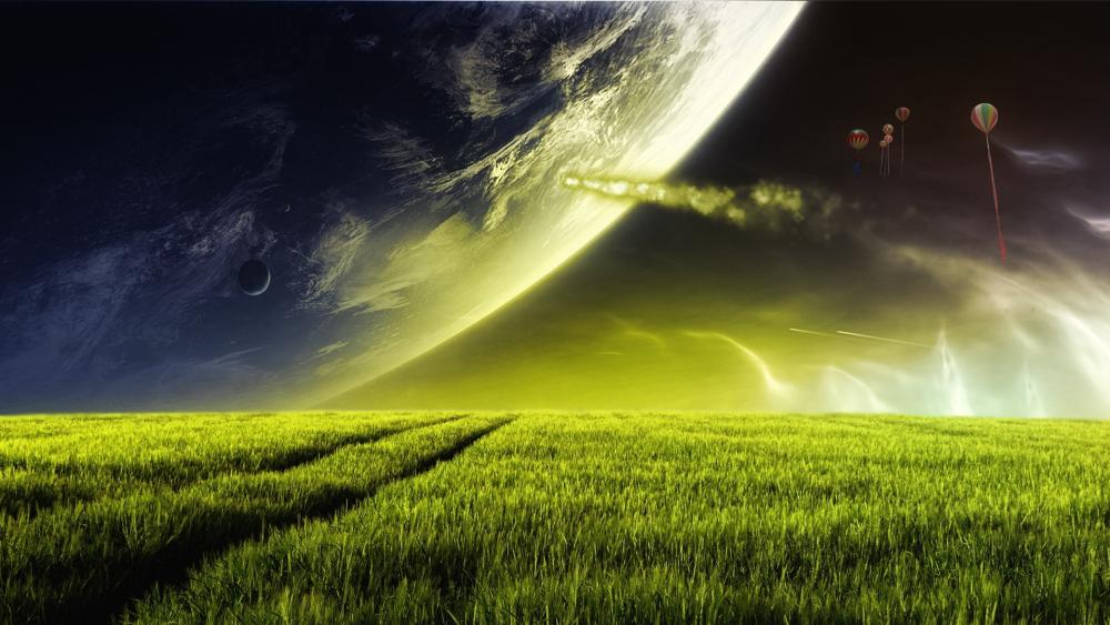 Alien Meadow Under a Cosmic Sky wallpaper