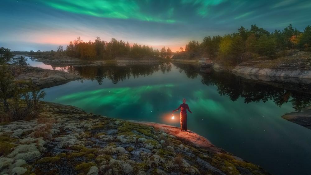 Mystical Aurora Over Lake Ladoga wallpaper